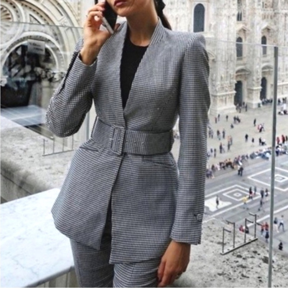 Zara Womens Houndstooth belted Blazer plaid black white Preppy Classic Jacket S